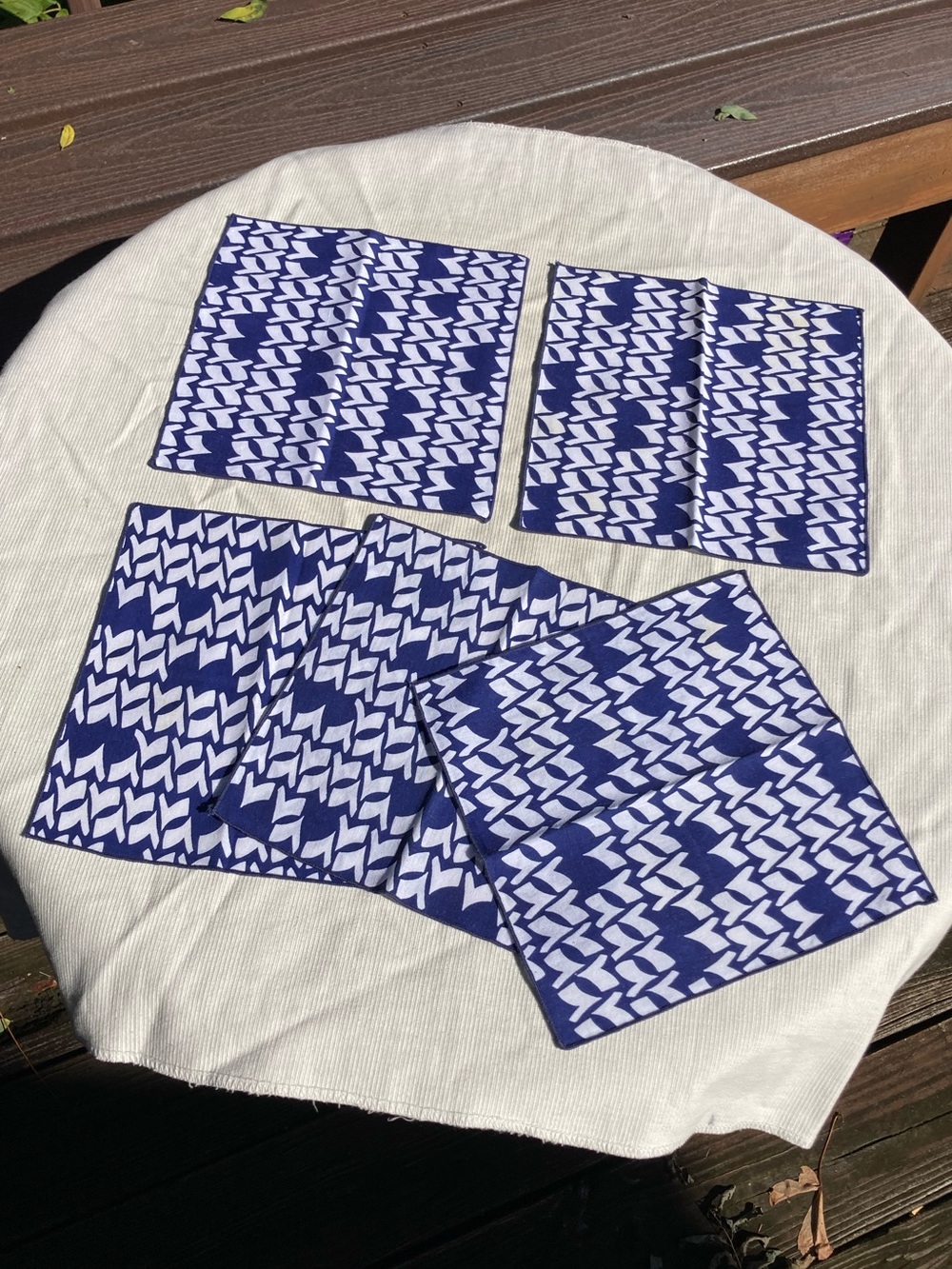 Vintage Set of 5 Blue White Chidori Style Bird Handkerchiefs Hankies 8.5”
